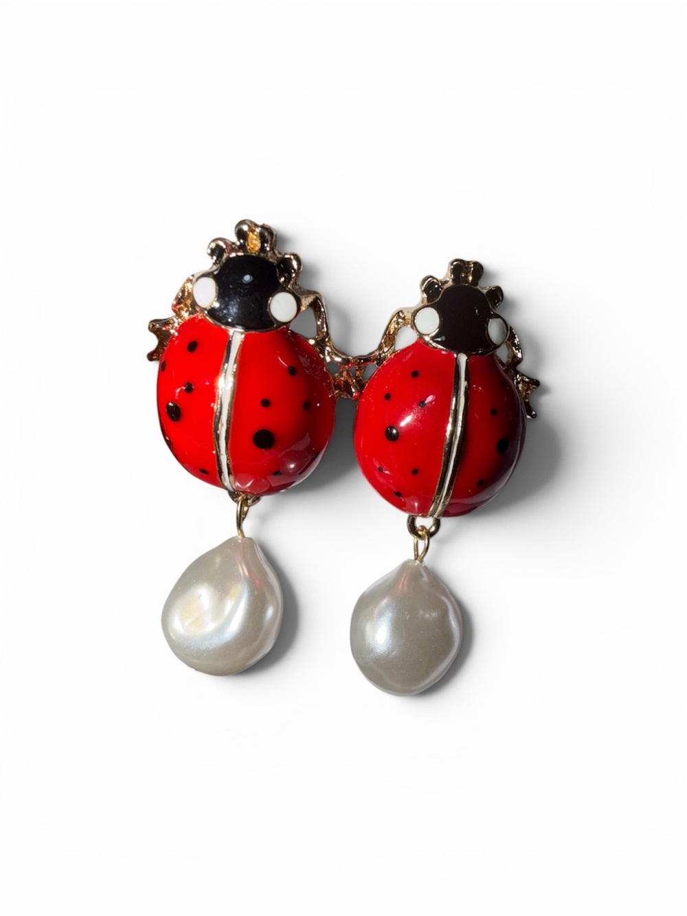 Red Ladybug Pearl Drop Earrings
